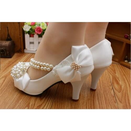 BaoYaFang Bow tie water diamond pearl chain bridal wedding shoes womens large white high-heeled wedding dress shoes