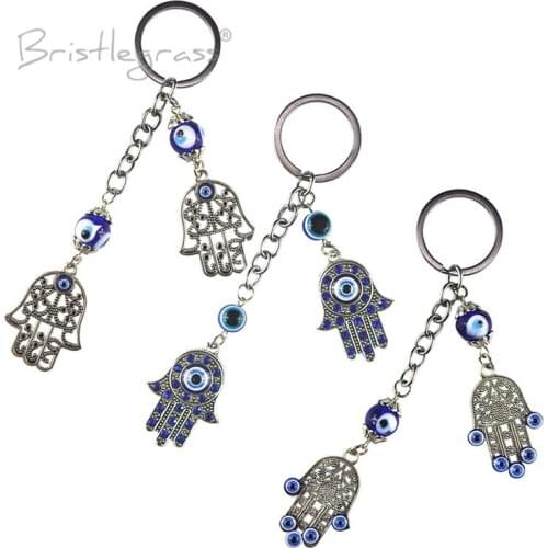 BRISTLEGRASS Turkish Blue Evil Eye Carved Hamsa Hand Keychain Key Chains Ring Holder Amulet Lucky Charm Pendant Blessing Protect