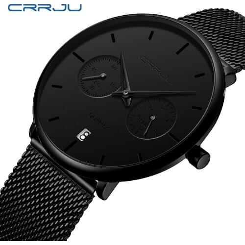 CRRJU Creative Quartz Men Watches Top Luxury Brand Casual Stainless steel Mesh Band Unisex 24 Houe Display Clock Gentleman gift