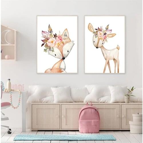 Baby Room Wall Art Canvas Painting Nursery Prints Flower Rabbit Picture Woodland Animals Poster Nordic Fox Deer Picture