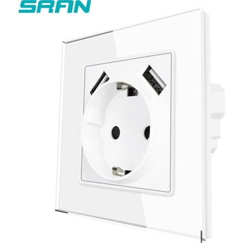 EU Standard Power Socket,Socket With Usb Charging Port 2.1A 16A White Crystal Glass Panel USB Wall Sockets EU F601-GR02W