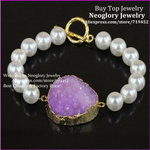 Fashion White Freshwater Pearl Gold Toggle CLasp Bracelet,Nature Druzy crystal Stone Stone Connector,Drusy Quartz Bracelet