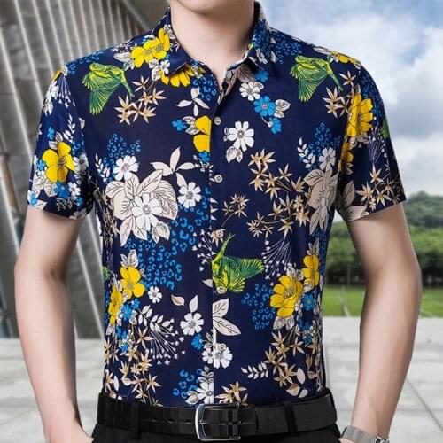 Men Shirt Flower Print Mens Shirts Button Slim Fit Men Clothing Summer Casual Business Men Printed Dress Shirt Short Sleeve