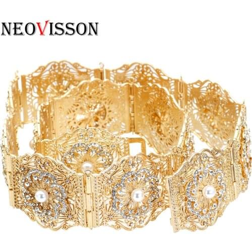 NEOVISSON Morocco Caftan Rhinestone Metal Waist Belt for Women Ethnic Wedding Body Jewelry Venetian Pearl Caucasus Waist Chain
