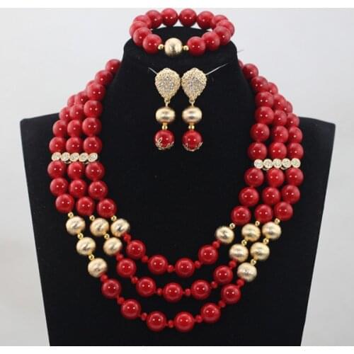 Charming Red and Red Round Beaded African Bridal Jewelry Sets Red Coral Jewellery Set for Women 2021 Free Shipping WD953