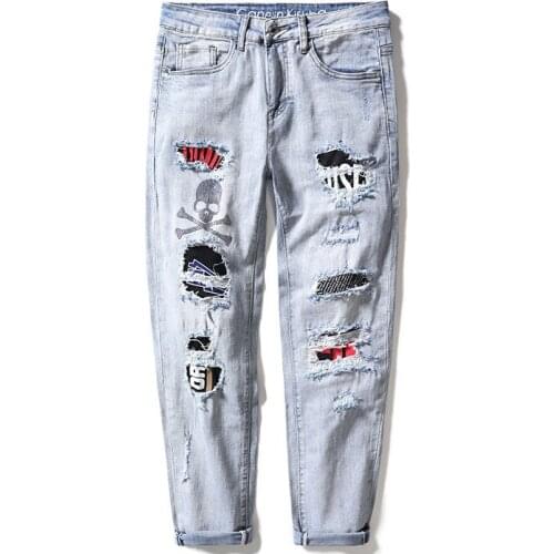 Wholesale 2020 Fashion light luxury hip hop light-colored ripped jeans mens patch Hot drilling Skeleton beggar thin long pants