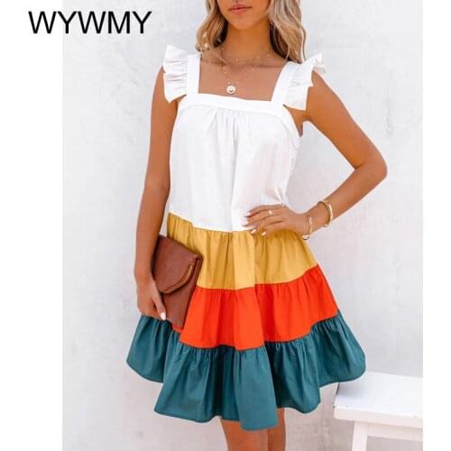 Women Mini Dress Summer Cute Square Collar Pocket Dresses Elegant Butterfly Ruffled Sleeve Beach Party Dresses Female Vestidos
