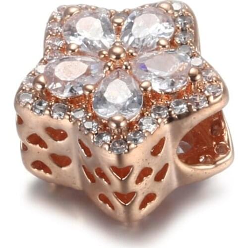 Authentic S925 Silver Charm Pave Star Flower Bead for Women Bracelet Bangle DIY Jewelry Girl Gift Rose & Clear CZ