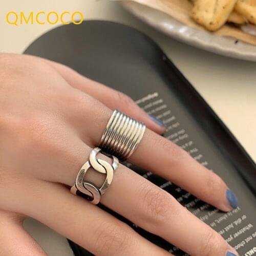 QMCOCO 925 Silver Wide Shape Rings Retro INS Fashion Creative Width Chain Opening Adjustive Fashion Fine Jewelry