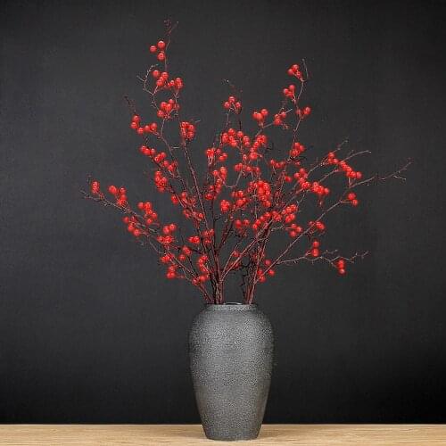 DIY 116cm Artificial Berries Branch Plastic Fake Flowers Leaf Decorative Berry Red Berries Plant For New Year Home Decoration