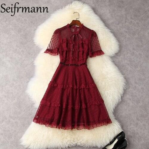 Seifrmann New 2021 Summer Women Fashion Runway Party Mini Dress Flare Sleeve Gorgeous Bow Lace Solid Print Mesh Dresses Vestidos