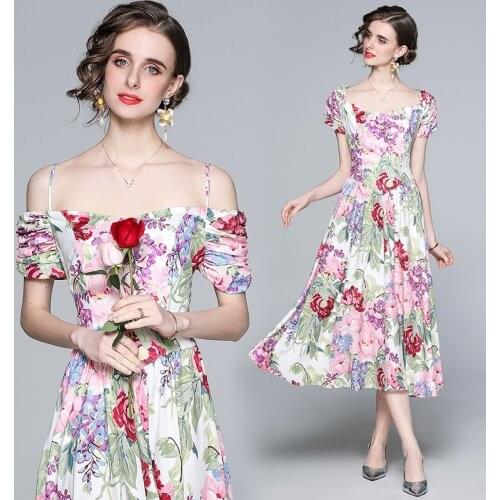 Sexy Dew Shoulder Flower Print Slim Spaghetti Maxi Dress Women Boho Beach Pile Up Sleeves Sundress 2021 Office Party Slip Dresse