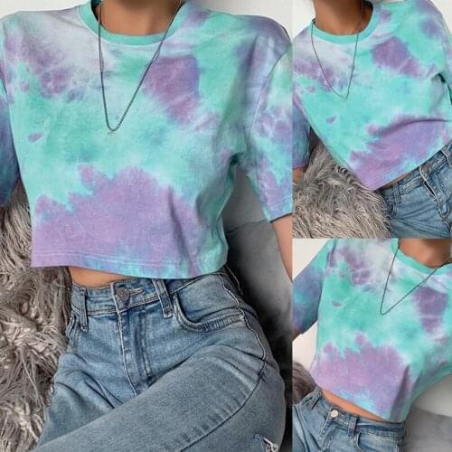 Temperament Tie-Dye Exposed Navel T-Shirt Female Summer Hit Color Cool Wild Short-Sleeved Female