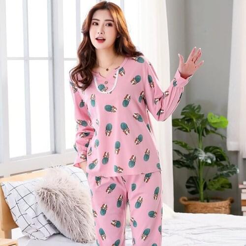Spring cactus print pajamas set long-sleeve women home clothes female knitted cotton sleepwear lace pijamas mujer M-3XL
