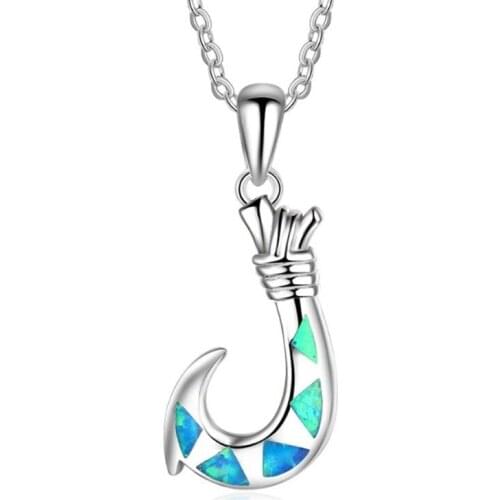 Vintage Caribbean Pirate Anchor Pendant Necklace personality Blue Imitation Opal Hook Necklace women boho Jewelry Gift