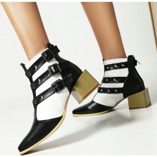 Fashion Belt Buckle Women Boots Chunky Heel Ankle Boots Mixed Colors Square Toe Spring Autumn Women Boots Shoes Big Size 34-46