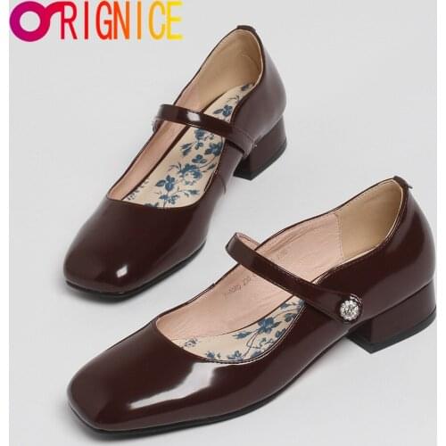 Orignice Patent Leather Mary Jane Women Fashion Retro Crystal Buckle Shallow Pumps Square Toe Thick Heel Handmade Wild Shoes