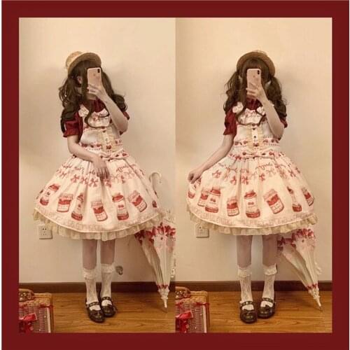 Cherry Jam Sweet Womens 2Pcs Set: Lolita JSK Dress + Half Sleeve Shirt Red Hoodie Sleeveless Dress Cute Bows Trim One Piece