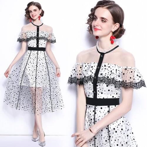 Women Elegant Stitching Ruffles Sleeve High Waist Slim Fit Net Yarn Vestidos Summer Lace Mesh Polka Dot Flocking Dress 6759