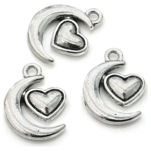 20pcs Antique Silver Plated Moon Heart Charm Pendant for Jewelry Making Bracelet Necklace DIY Handmade Craft 17x14mm