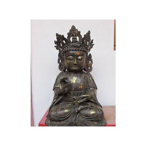 Bi002100 17"Tibet Buddhism old Bronze gilt Shakyamuni Buddha hat kwan yin Statue guanyin