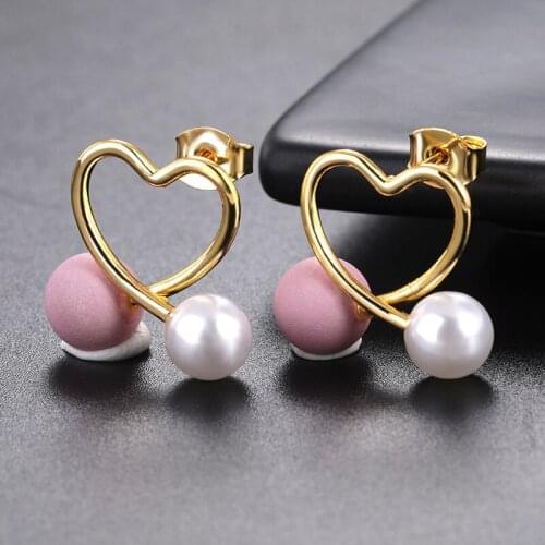 Dainty Heart Earrings For Women Engagement Wedding Jewelry Bridal Stud Earrings Pink Pearl Accessories Bijoux Femme 2021
