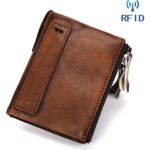 Genuine Leather Men Mini Purse Anti- RFID Money Bag Coin Pocket Credit Card Holder Cowhide Double Zipper Clutch Short Wallet