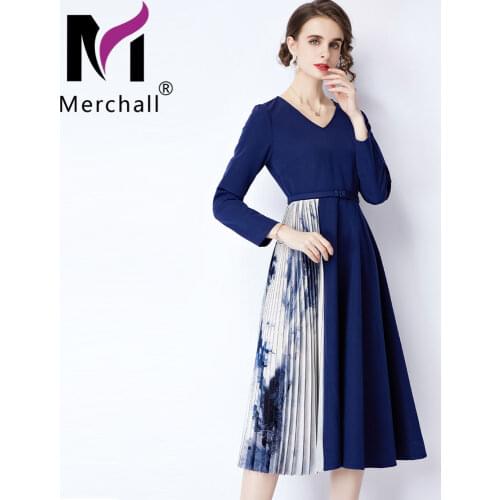 Runway Fashion Blue Pleated Party Dress Office Lady V Neck Long Sleeve A Line Midi Dress with Belt 2021 Autumn Vestidos M71815