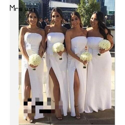Mrs win Bridesmaid Dresses White Strapless Side Split Wedding Party Gowns HR297 Ankle Length Memaid Long Vestido Madrinha 2020