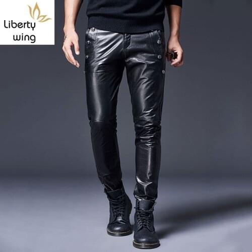 2020 New Goatskin Genuine Men Brand Windproof Motorcycle Biker Trousers Spring Casual Skinny Leather Pants 29-36