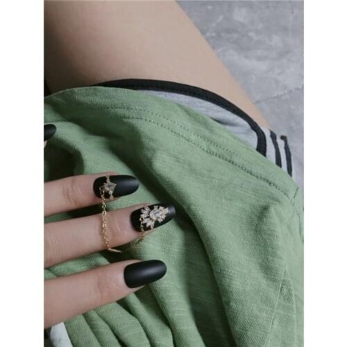 American punk style Matte black pure color with golden chain 3d fake nails bride full nail tips middle-long size false nails
