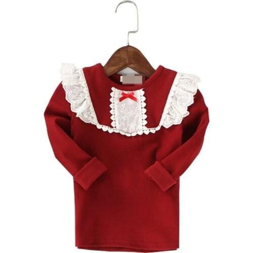 2016 the new girls T-shirt long-sleeved unlined upper garment of cotton render children in long lovely lace knitting sweater