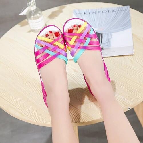 Flat Woman Sandals Summer Candy Color Peep Toe Beach Shoes Slip On Rianbow Sandals Fashion Jelly Shoes Chaussure Femme Sandale