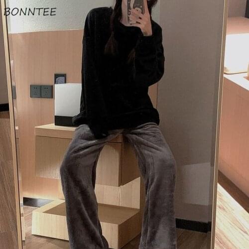 Pajama Sets Women Simple Warm Winter Thick Loose Lounge Home-wear O-neck Long Sleeve Leisure Solid Students Sleeepwear Female