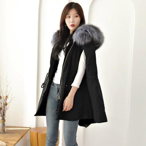 Cloak coat real raccoon fur collar hooded fur mid-length coat loose pregnant women casual style to overcome