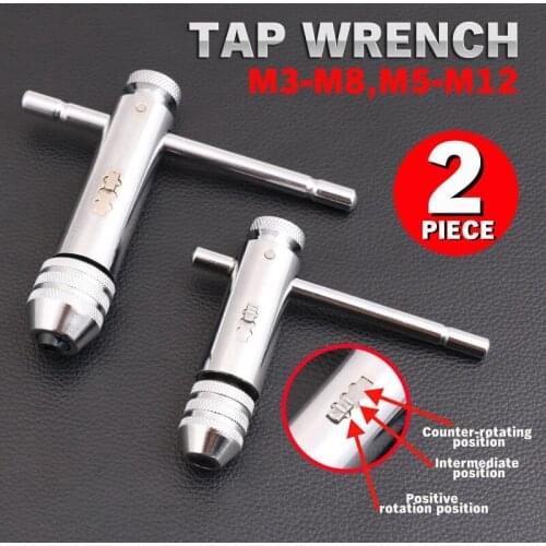 Durable 2Pcs Ratchet Tap Wrench M3-M8 M5-M12 Adjustable Ratcheting Taps Wrench T Handle Bar Type Screw Thread Wringer Tool