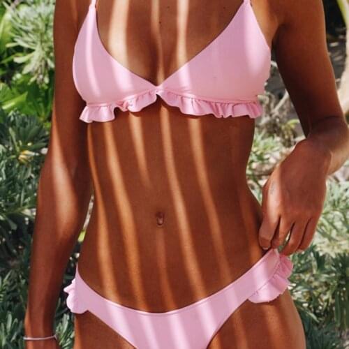 Sexy Women Bikini Thong Bottom Ladies 2 Pieces Swimsuit Ruffle Solid Brazilian Swimwear Beachwear Bikini Set Lot