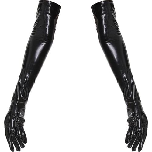 Sexy Women Gloves PVC Faux Leather Long Gloves Punk Latex Mitten Clubwear Party Cosplay Goth Stage Costume Accessories Black Red