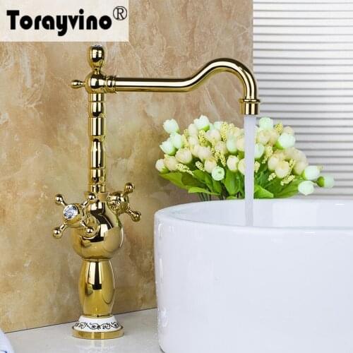 Torayvino Bathroom Basin Faucet Golden Finish Basin Faucet Deck Mounted Dual Handle Single Hole Hot Cold Water Tap Basin Faucet