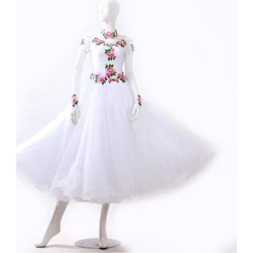 Standard Dance Dress,Waltz Competition Dress,Women,social Dance Dress,white color with flower