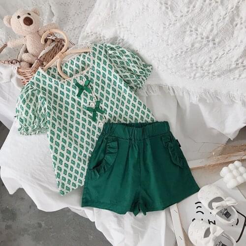 Hollead 1-8 Years Kids Girls Clothing Sets Fashion Lace Square Collar Top+Shorts Children Cute Puff Sleeve Print Shirt For Girls