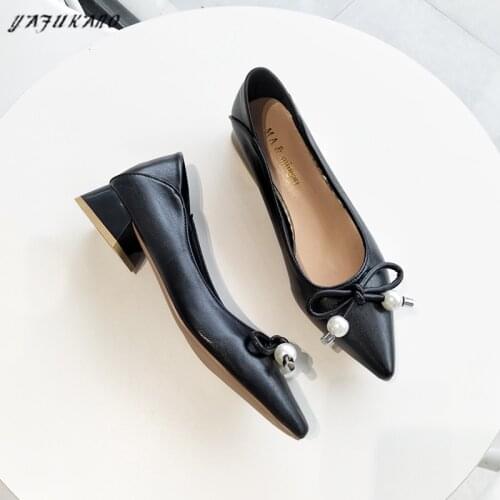 3 Cm Fashion Pointed Toe Square Low Heel High Heels Sweet Pearl Bow-Knot Party Dress Female Pumps Soft Leather Office Work Shoes