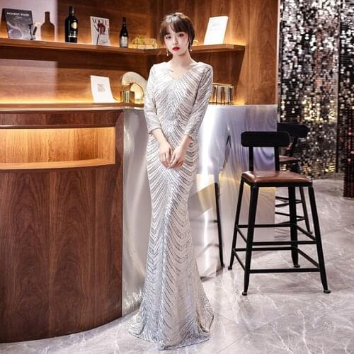 Evening Dress Sequins Floor-Length Elegant Zipper Back Simple V-Neck Mermaid Full Sleeve Plus size Women Formal Party Gown C1064