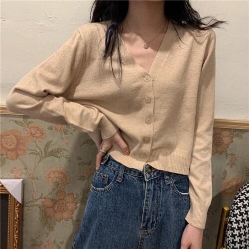 Korean Style V-neck Knitted Sweaters Women Casual Thin Single-breasted Cardigan 2021 Autumn Fashion Long Sleeve Solid Sweater