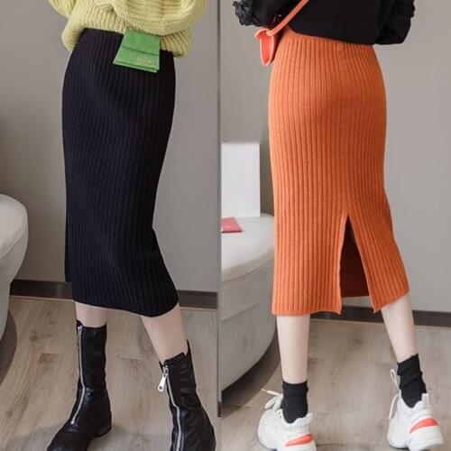 Women Back Slit Bodycon Elegant Midi Pencil Skirt Autumn Winter Casual Knitted Skirt High Waist Skirts Womens Jupe Femme Faldas