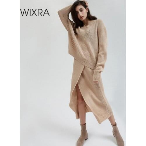 Wixra 2 Pieces Sweater Dress Set Women Long Sleeve Casual Solid Pullover V Neck Sweater+Mid-Calf Knit Skirt Suit Autumn Winter