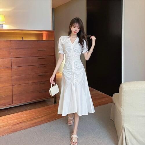 Summer New Women V-Neck Puff Sleeve Sexy Long Dress Korean Fashion Casual Elegant Temperament Dress Ruched Mermaid Party Dress