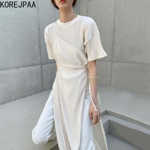 Korejpaa Women Dress 2021 Summer Korean Chic Ladies Niche Design More Wear Round Neck Stitching Fake Two-Piece Split Vestidos