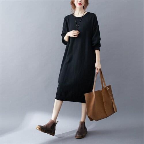 Autumn Winter Women Loose Solid Dress O Neck Black Apricot Gray Khaki Coffee Sweater Dress Elegant Midi Ladies Dress HB351