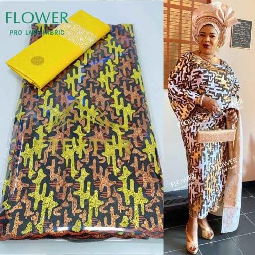 2.5+2.5 Yards Bazin Riche Fabric For Gambia Women Wedding Sequined Net Tulle Lace With Embroidered Yellow And Black Net Laces